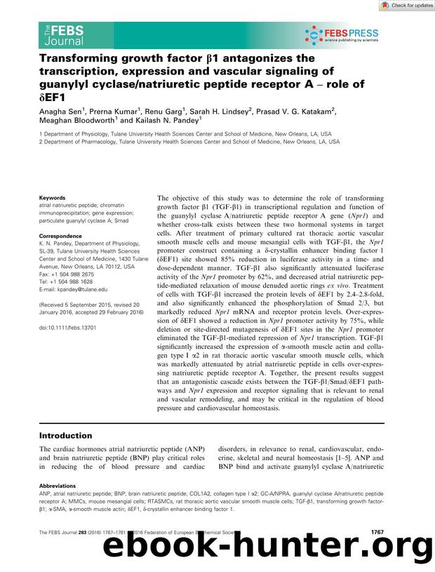 Transforming growth factor Î²1 antagonizes the transcription, expression and vascular signaling of guanylyl cyclasenatriuretic peptide receptor A â role of Î´EF1 by Unknown