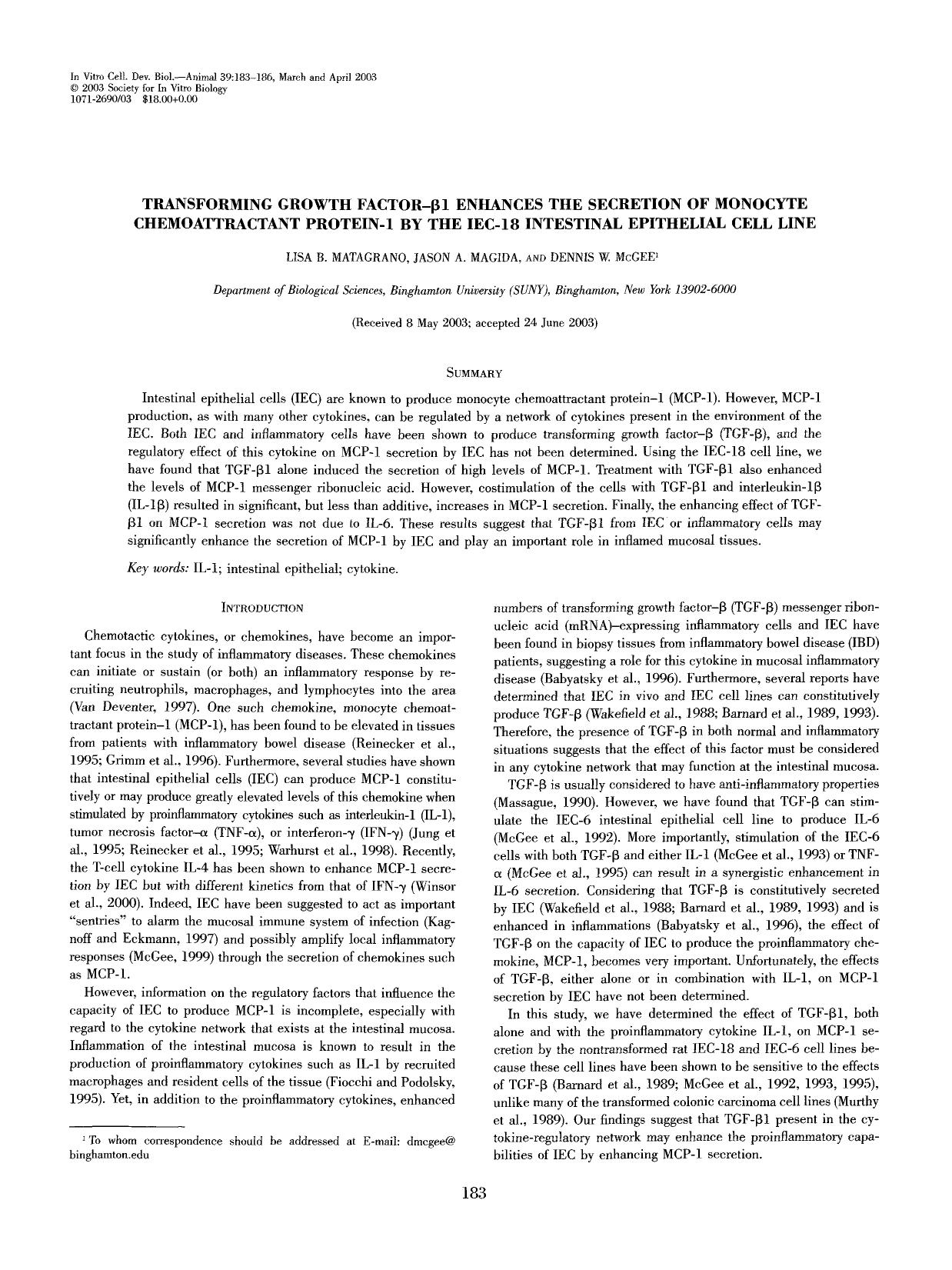 Transforming growth factor-β1 enhances the secretion of monocyte chemoattractant protein-1 by the IEC-18 intestinal epithelial cell line by Unknown
