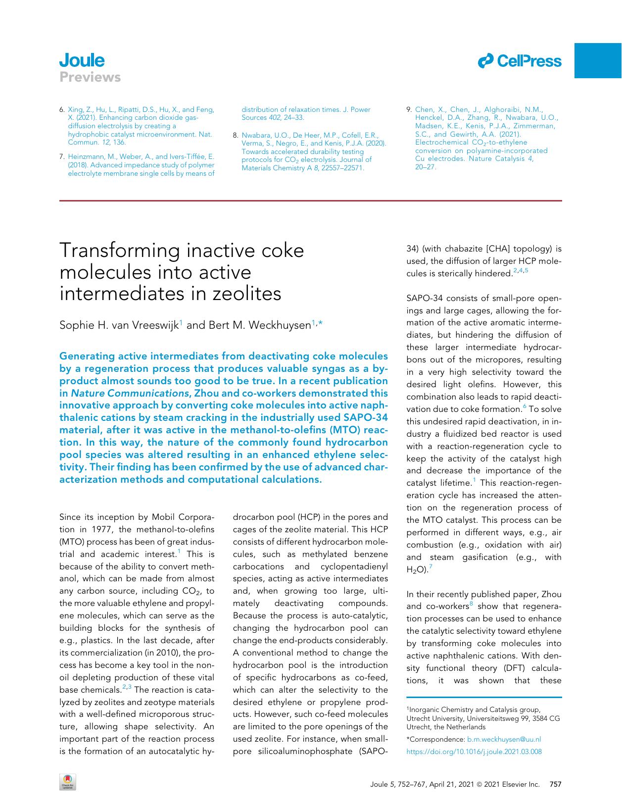 Transforming inactive coke molecules into active intermediates in zeolites by Sophie H. van Vreeswijk & Bert M. Weckhuysen