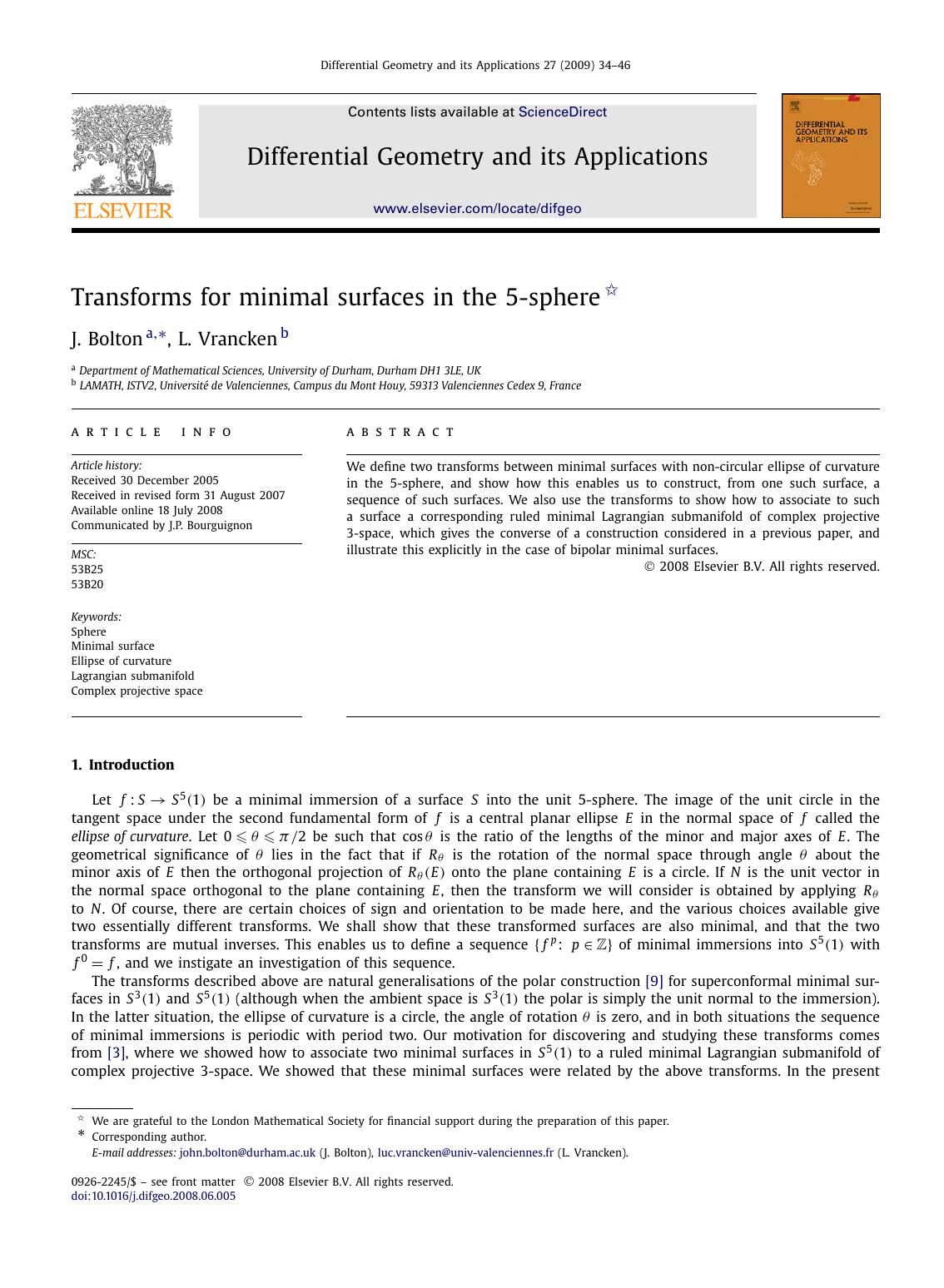 Transforms for minimal surfaces in the 5-sphere by J. Bolton; L. Vrancken