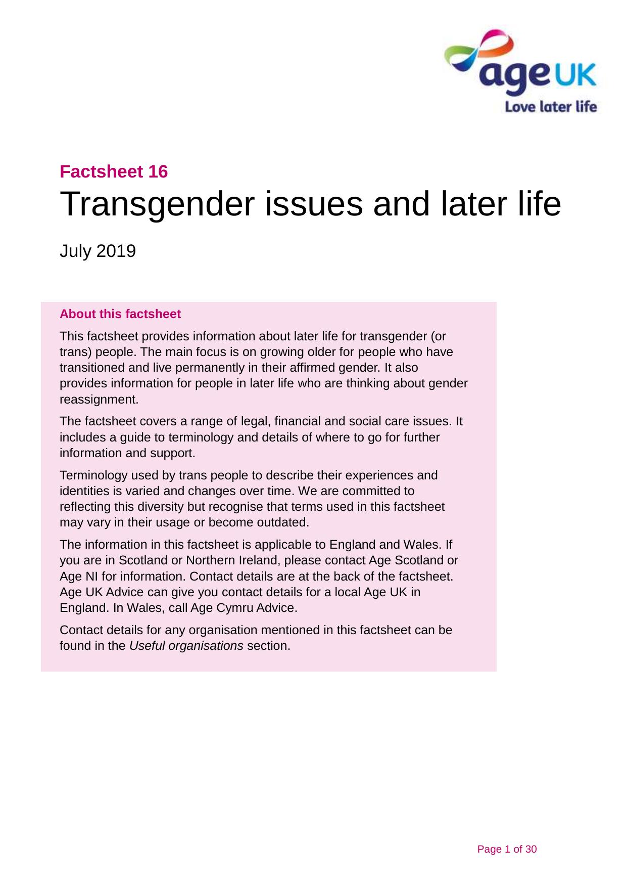 Transgender Issues and Later Life by Age UK
