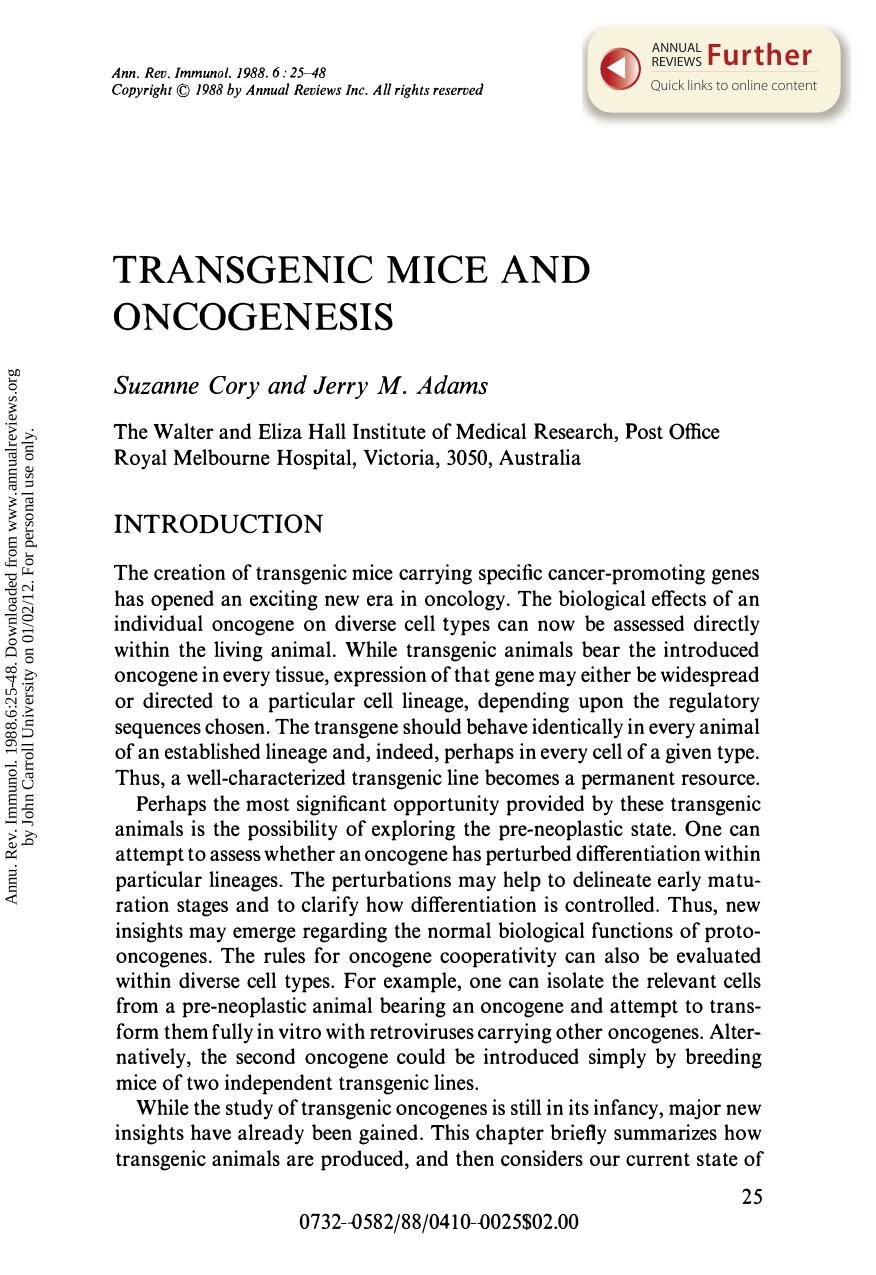 Transgenic Mice and Oncogenesis by Suzanne Cory & Jerry M. Adams
