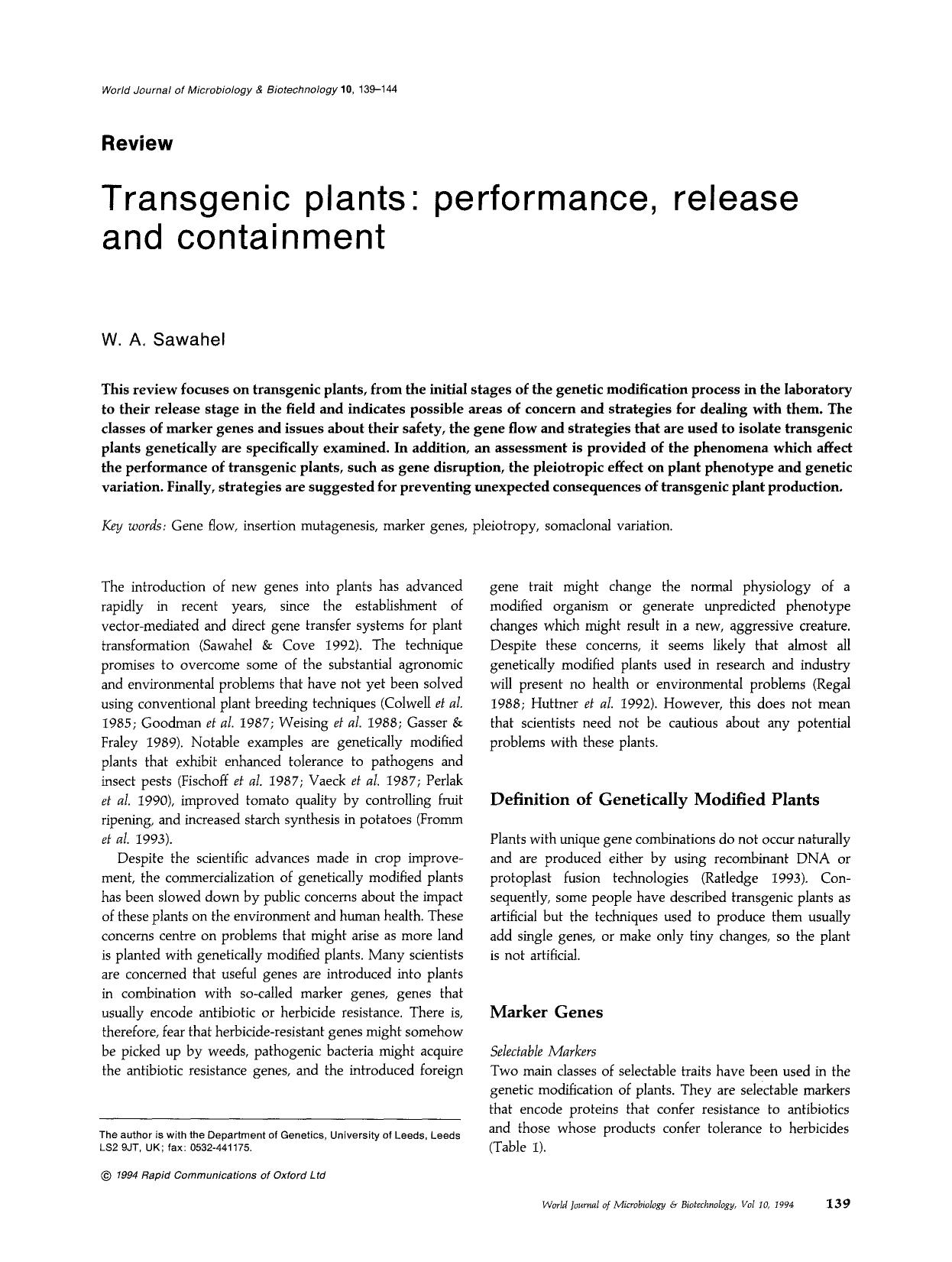 Transgenic plants: performance, release and containment by Unknown