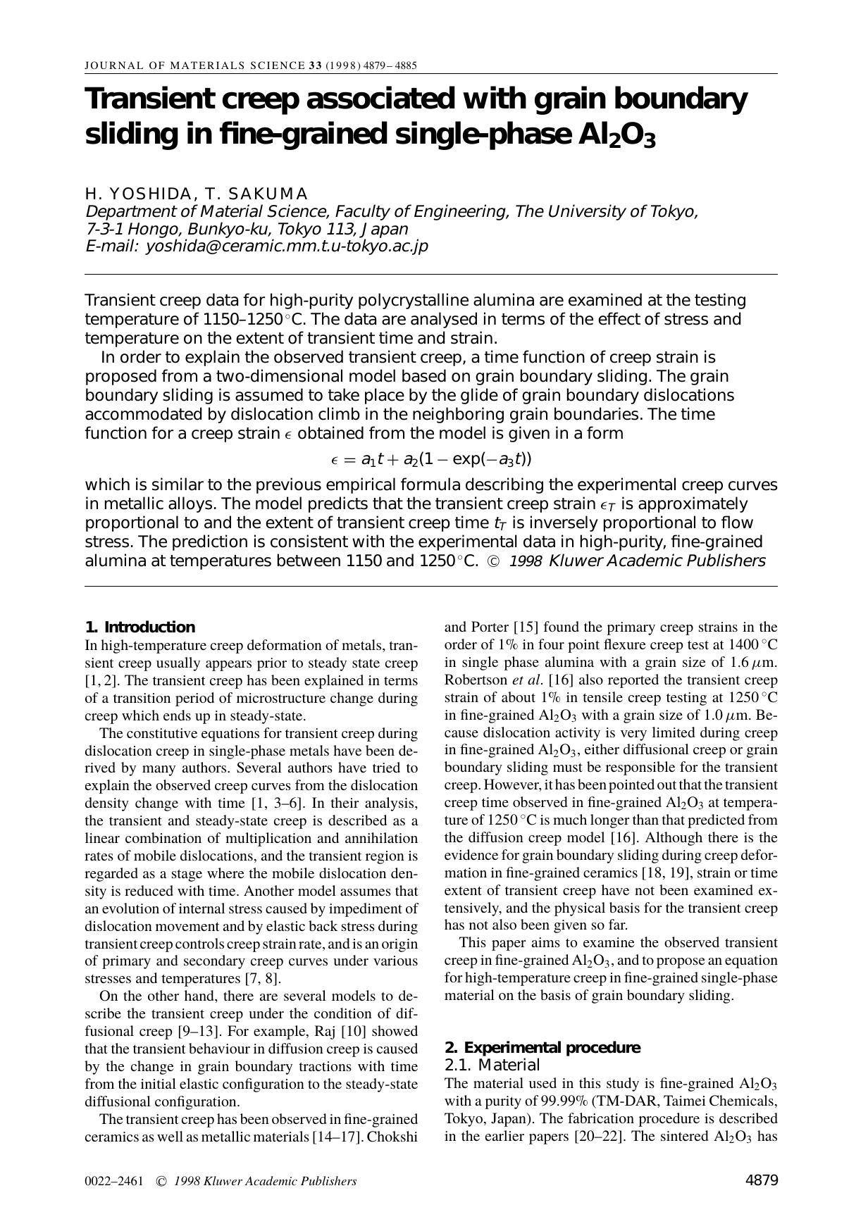 Transient Creep Associated with Grain Boundary Sliding in Fine-Grained Single-Phase Al2O3 by Unknown