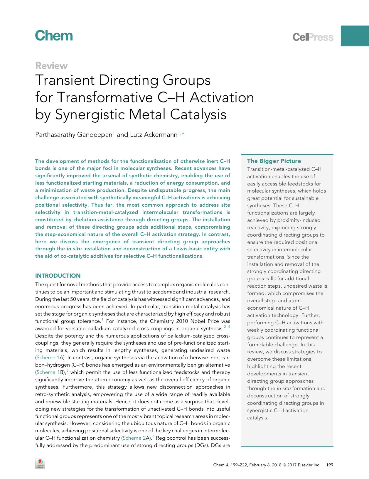 Transient Directing Groups for Transformative C-H Activation by Synergistic Metal Catalysis by Parthasarathy Gandeepan & Lutz Ackermann