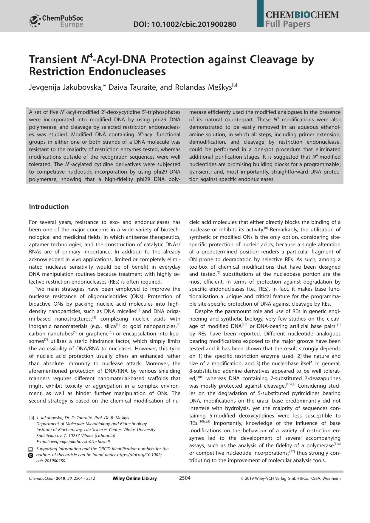 Transient N4âAcylâDNA Protection against Cleavage by Restriction Endonucleases by Unknown