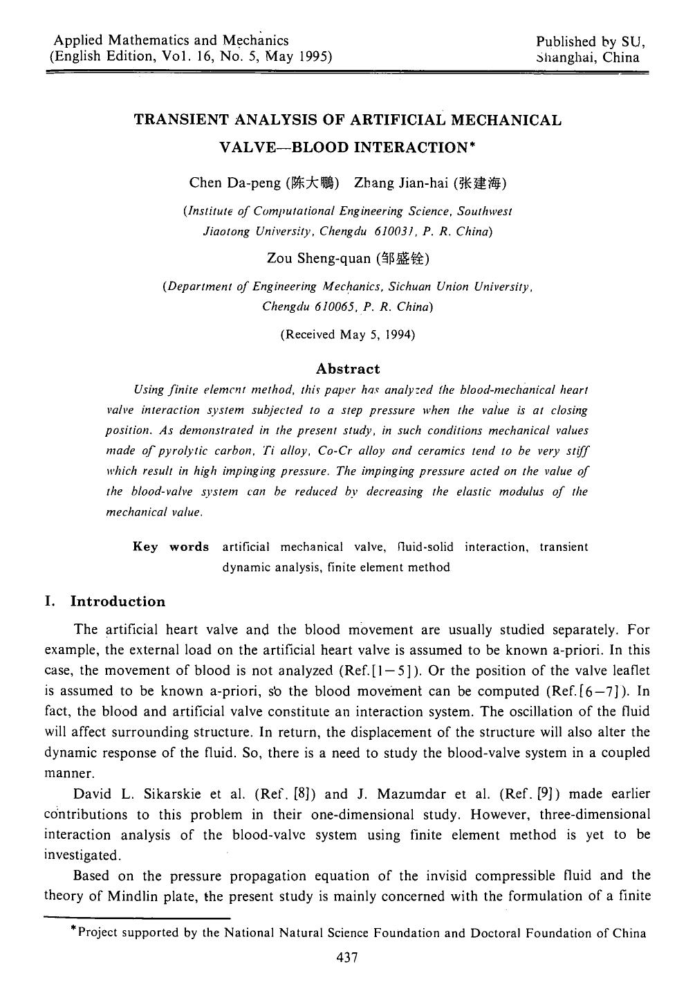 Transient analysis of artificial mechanical valve-blood interaction by Unknown