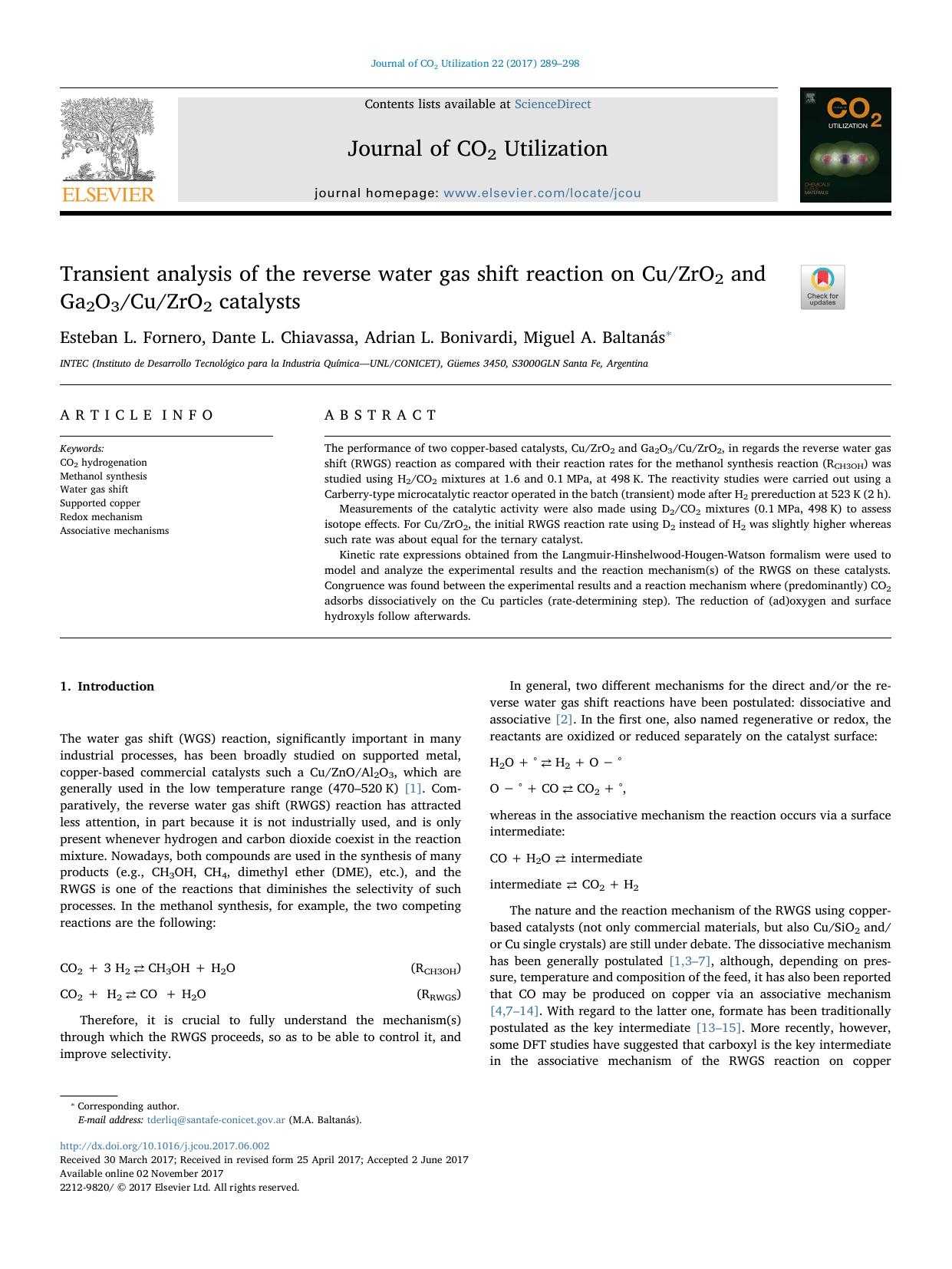Transient analysis of the reverse water gas shift reaction on CuZrO2 and Ga2O3CuZrO2 catalysts by Esteban L. Fornero & Dante L. Chiavassa & Adrian L. Bonivardi & Miguel A. Baltanás