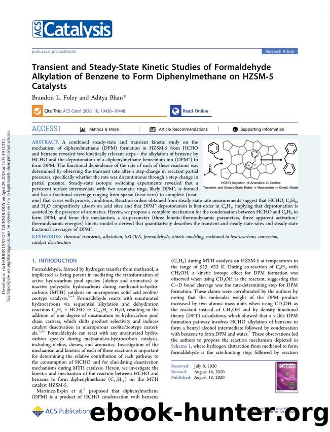 Transient and Steady-State Kinetic Studies of Formaldehyde Alkylation of Benzene to Form Diphenylmethane on HZSM-5 Catalysts by Brandon L. Foley & Aditya Bhan
