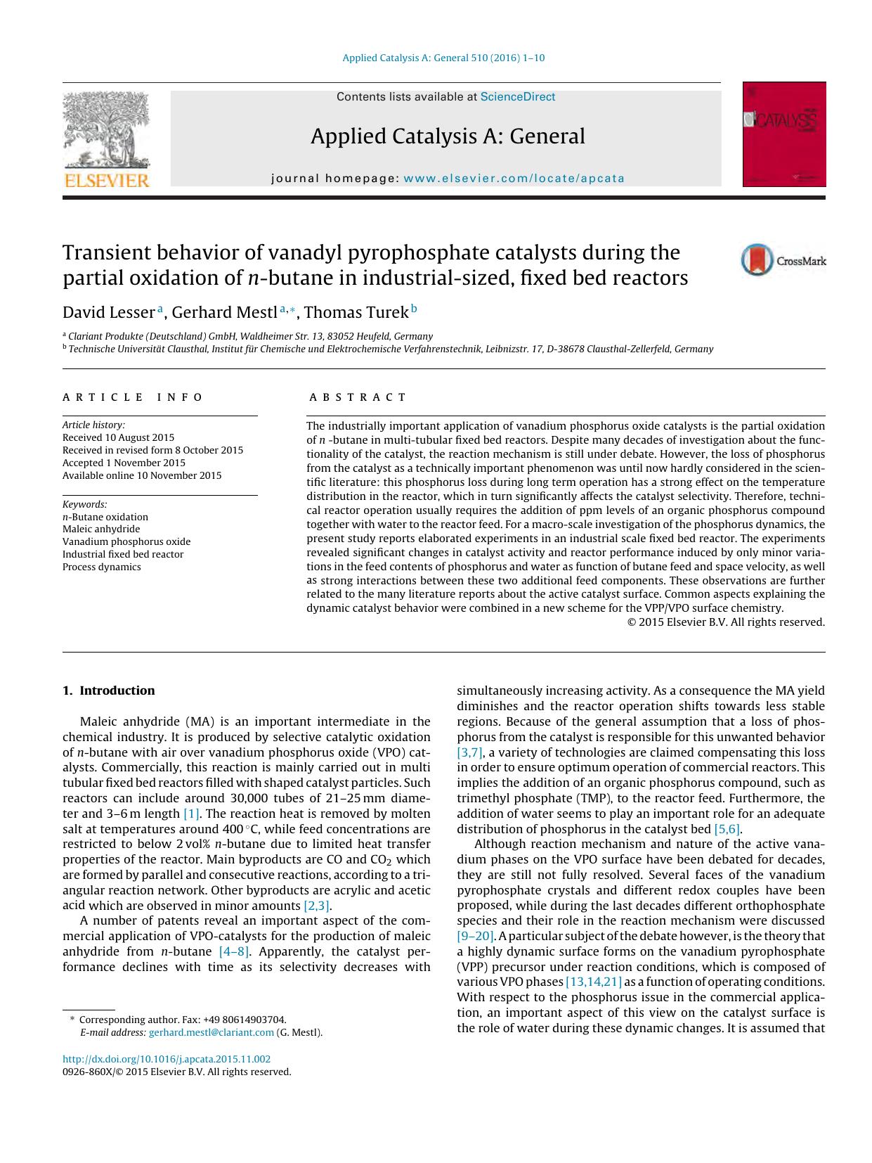 Transient behavior of vanadyl pyrophosphate catalysts during the partial oxidation of nâbutane in industrial-sized, fixed bed reactors by David Lesser & Gerhard Mestl & Thomas Turek