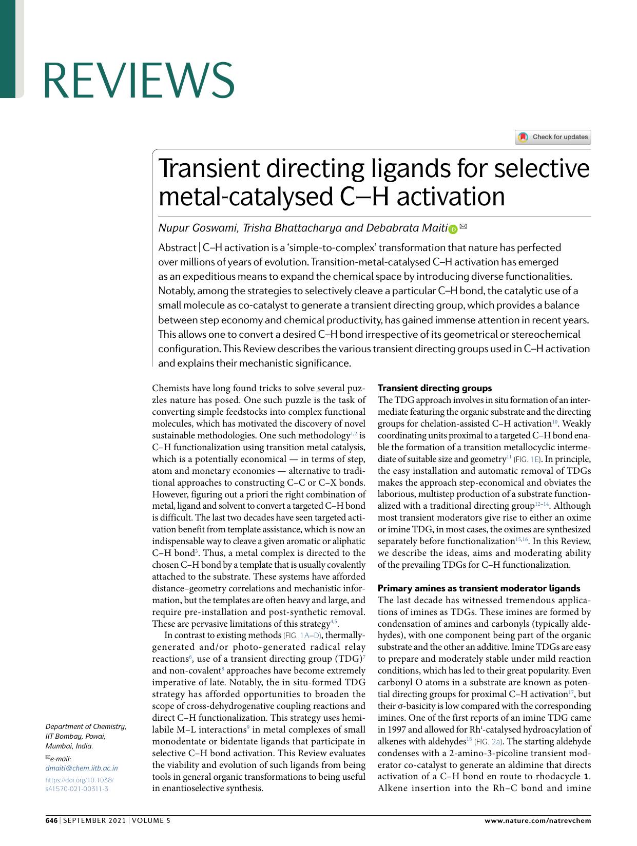 Transient directing ligands for selective metal-catalysed CâH activation by Nupur Goswami & Trisha Bhattacharya & Debabrata Maiti