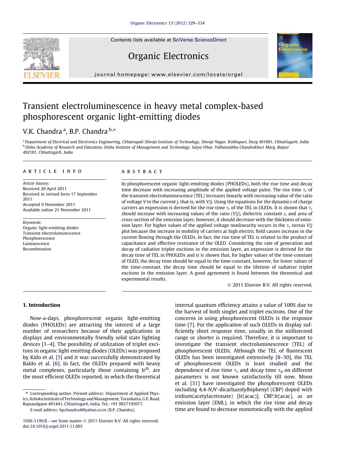 Transient electroluminescence in heavy metal complex-based phosphorescent organic light-emitting diodes by V.K. Chandra & B.P. Chandra