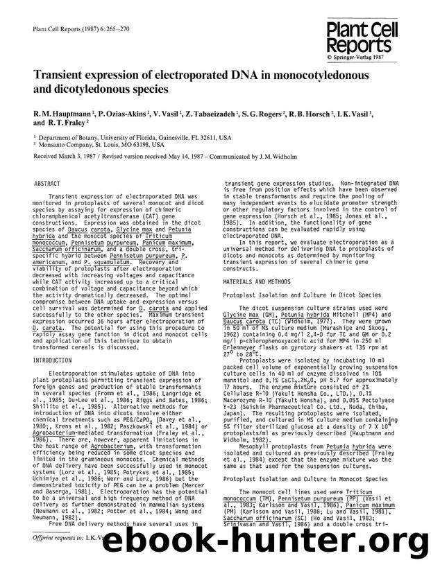 Transient expression of electroporated DNA in monocotyledonous and dicotyledonous species by Unknown
