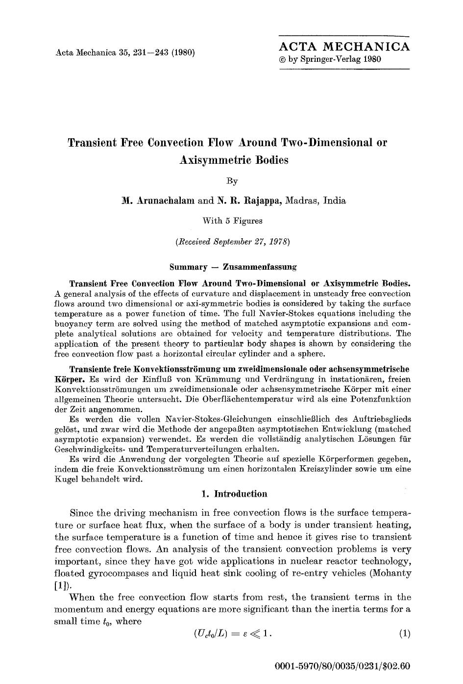 Transient free convection flow around two-dimensional or axisymmetric bodies by Unknown