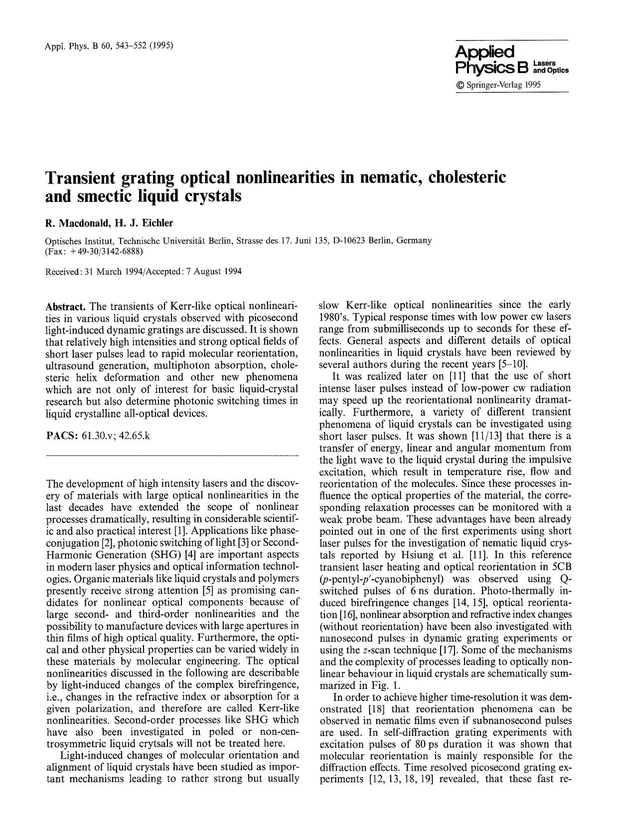 Transient grating optical nonlinearities in nematic, cholesteric and smectic liquid crystals by Unknown