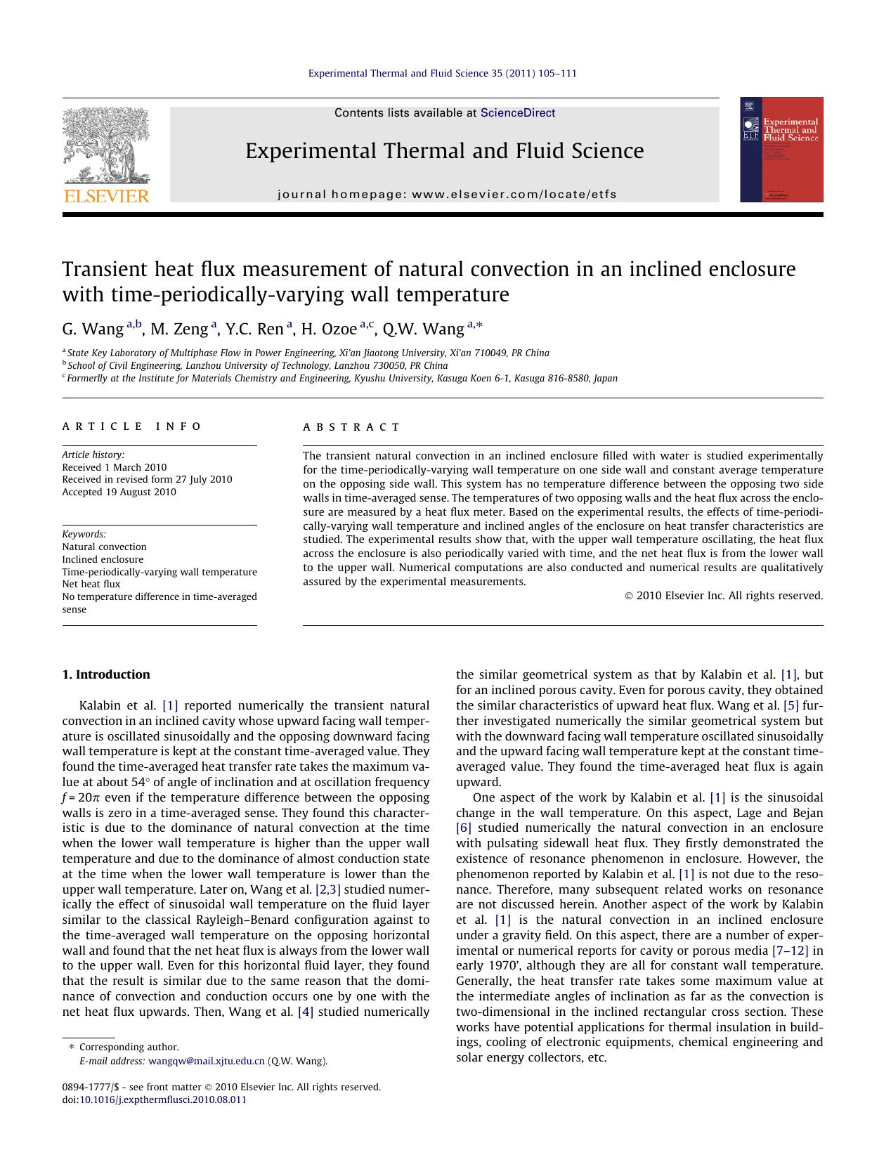 Transient heat flux measurement of natural convection in an inclined enclosure with time-periodically-varying wall temperature by G. Wang & M. Zeng & Y.C. Ren & H. Ozoe & Q.W. Wang