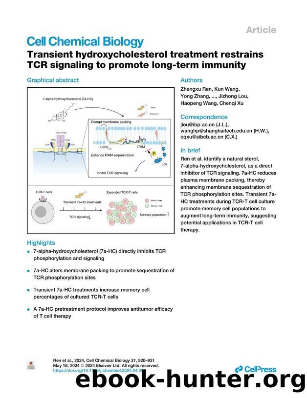 Transient hydroxycholesterol treatment restrains TCR signaling to promote long-term immunity by unknow