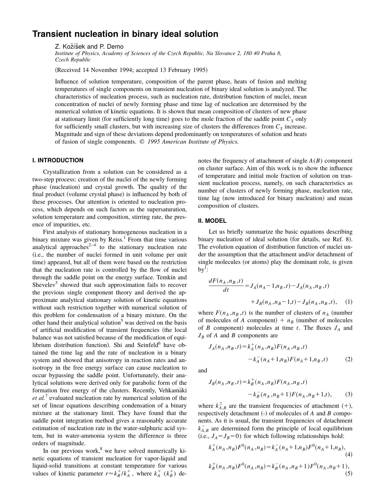 Transient nucleation in binary ideal solution by Z. Kozisek and P. Demo