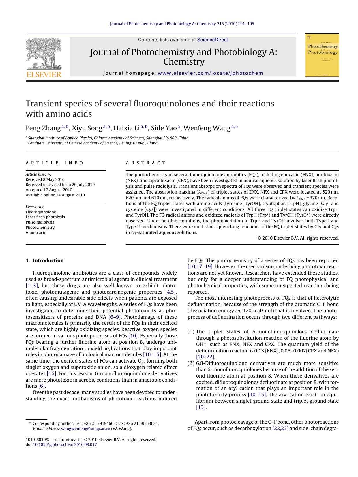 Transient species of several fluoroquinolones and their reactions with amino acids by Peng Zhang