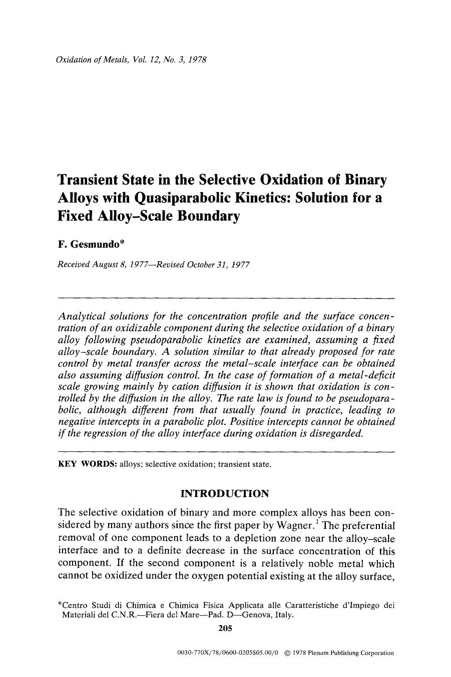 Transient state in the selective oxidation of binary alloys with quasiparabolic kinetics: Solution for a fixed alloy-scale boundary by Unknown