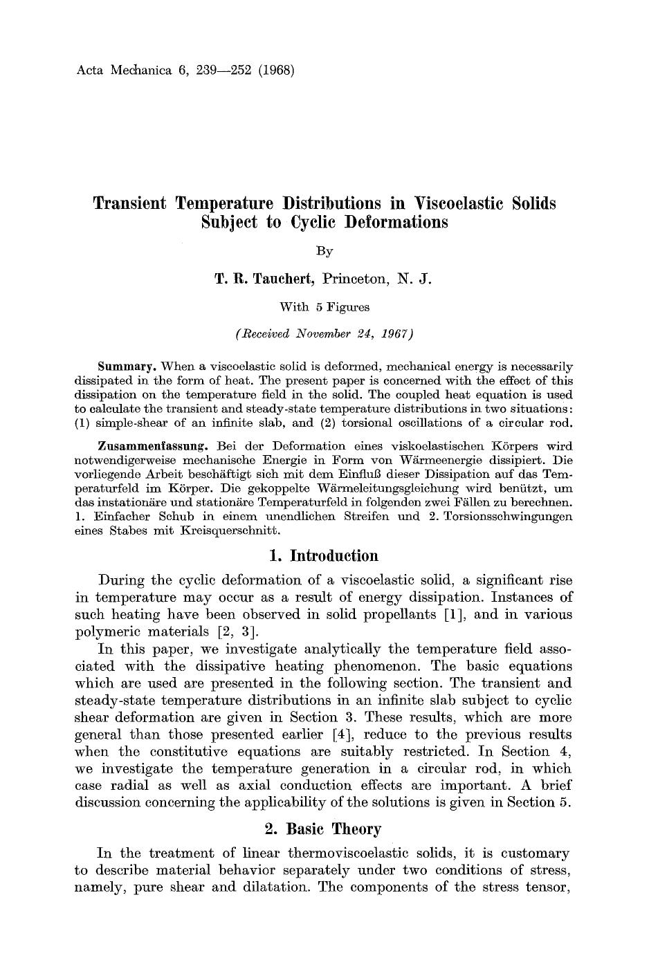 Transient temperature distributions in viscoelastic solids subject to cyclic deformations by Unknown