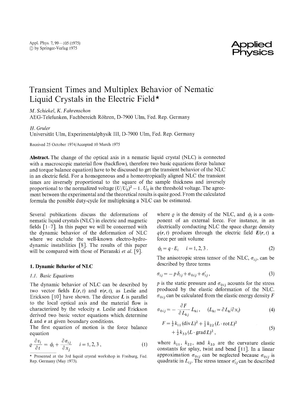 Transient times and multiplex behavior of nematic liquid crystals in the electric field by Unknown