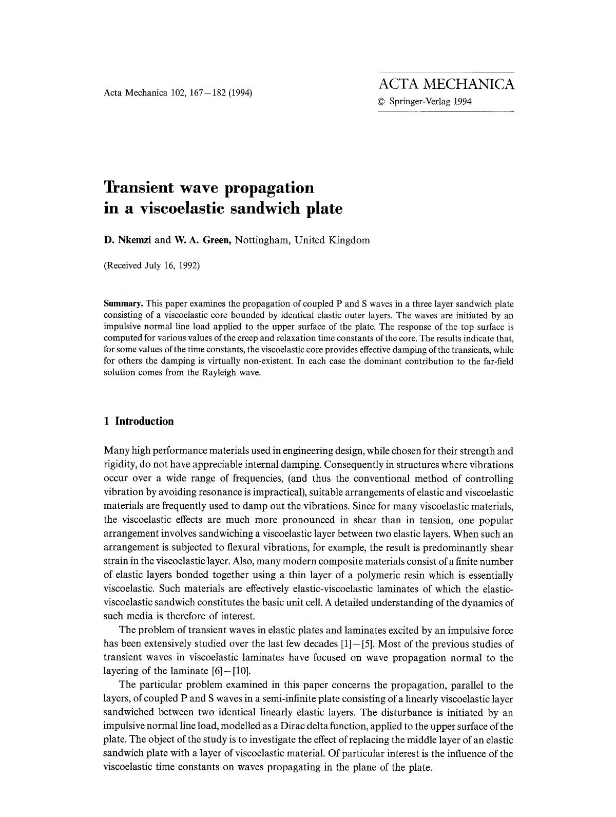Transient wave propagation in a viscoelastic sandwich plate by Unknown