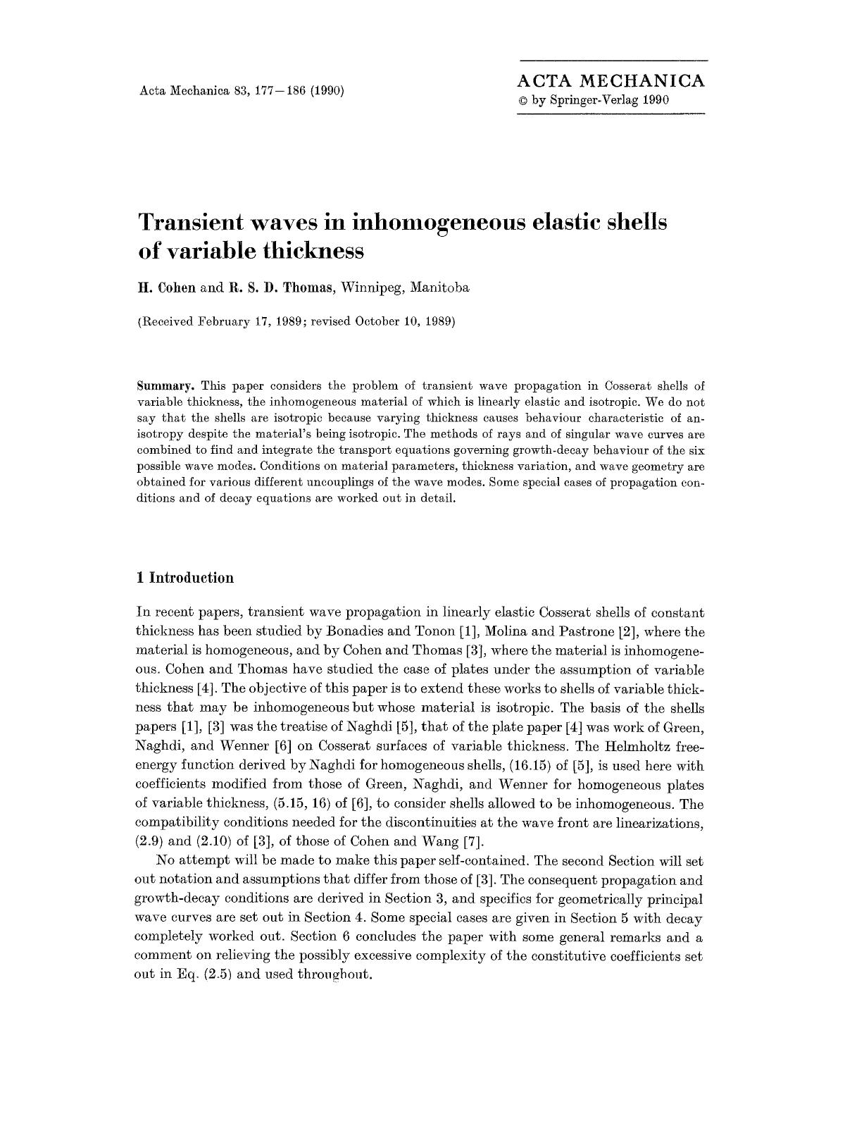 Transient waves in inhomogeneous elastic shells of variable thickness by Unknown