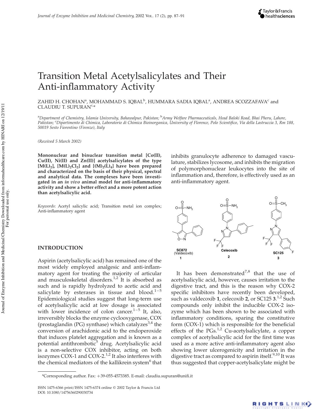 Transition Metal Acetylsalicylates and Their Anti-inflammatory Activity by Zahid H. Chohan Mohammad S. Iqbal Hummara Sadia Iqbal Andrea Scozzafava & Claudiu T. Supuran