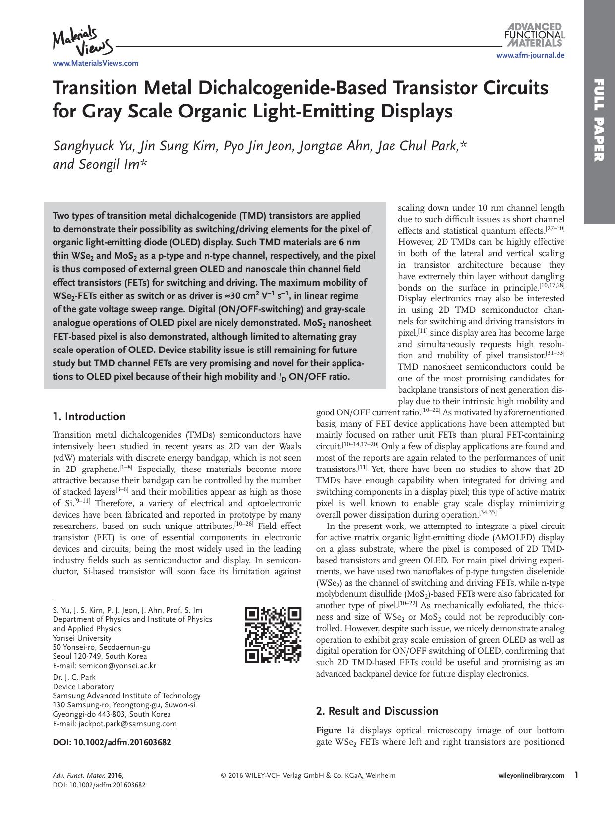 Transition Metal Dichalcogenide‐Based Transistor Circuits for Gray Scale Organic Light‐Emitting Displays by Unknown