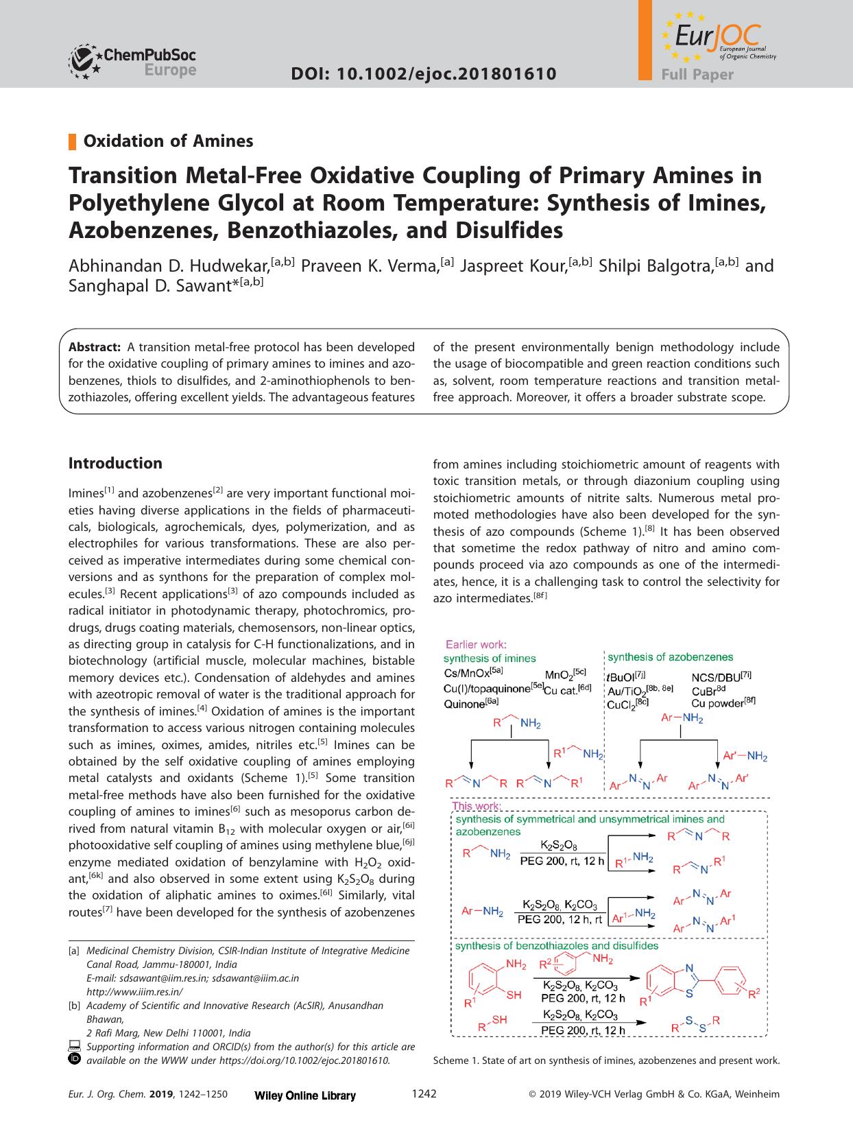 Transition Metal&#x02010;Free Oxidative Coupling of Primary Amines in Polyethylene Glycol at Room Temperature: Synthesis of Imines, Azobenzenes, Benzothiazoles, and Disulfides by Unknown