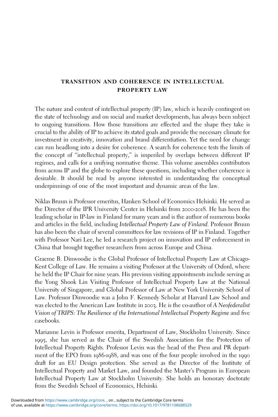 Transition and Coherence in Intellectual Property Law: Essays in Honour of Annette Kur by Niklas Bruun Graeme B. Dinwoodie Marianne Levin Ansgar Ohly