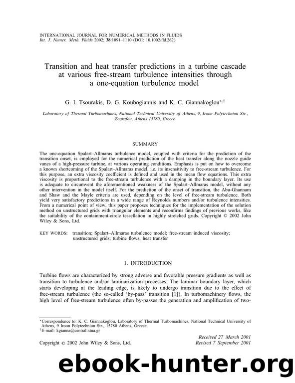 Transition and heat transfer predictions in a turbine cascade at various free-stream turbulence intensities through a one-equation turbulence model by Unknown
