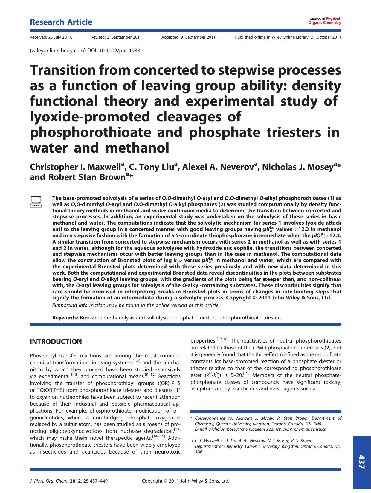 Transition from concerted to stepwise processes as a function of leaving group ability: density functional theory and experimental study of lyoxidepromoted cleavages of phosphoroth by Unknown