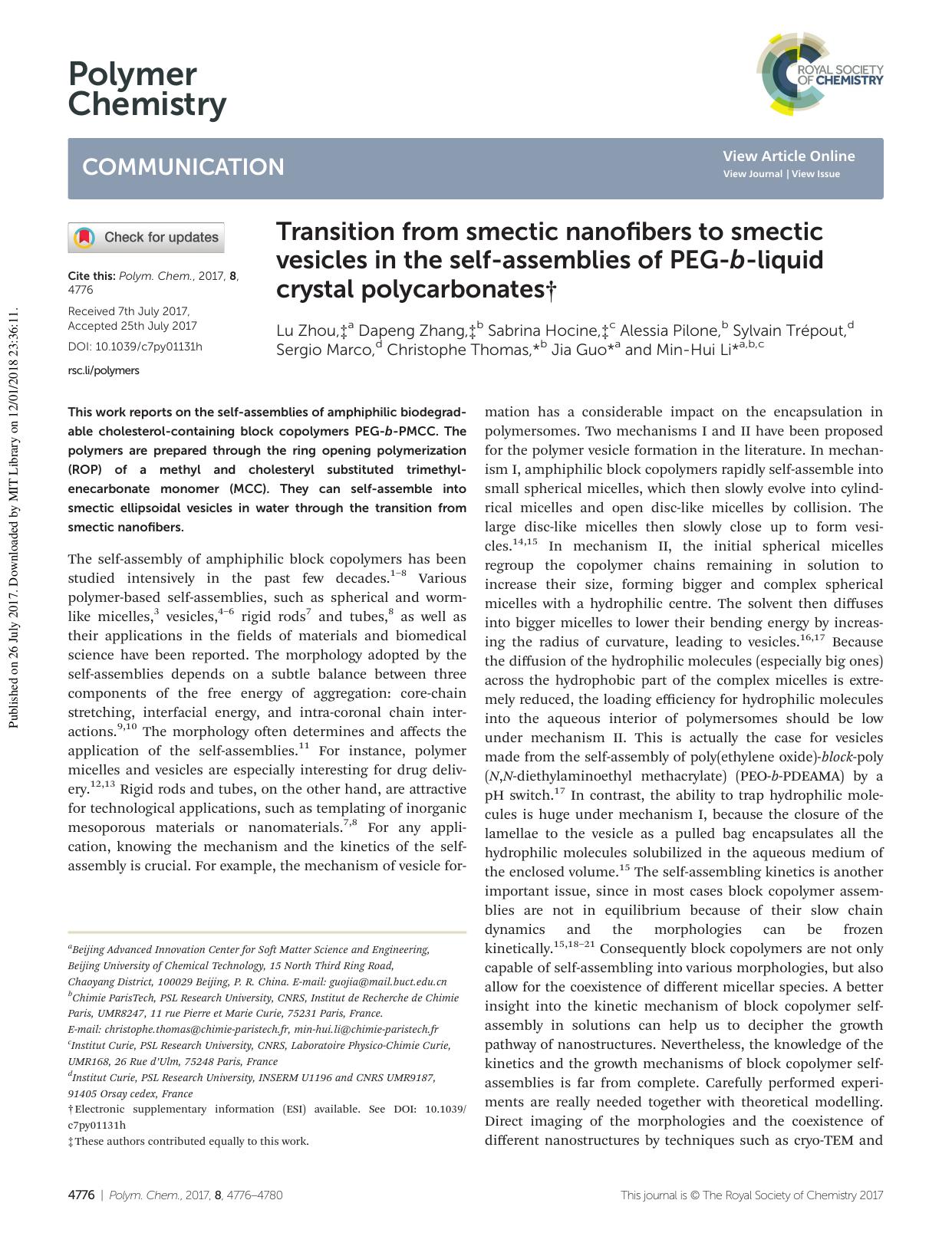 Transition from smectic nanofibers to smectic vesicles in the self-assemblies of PEG-b-liquid crystal polycarbonates by unknow