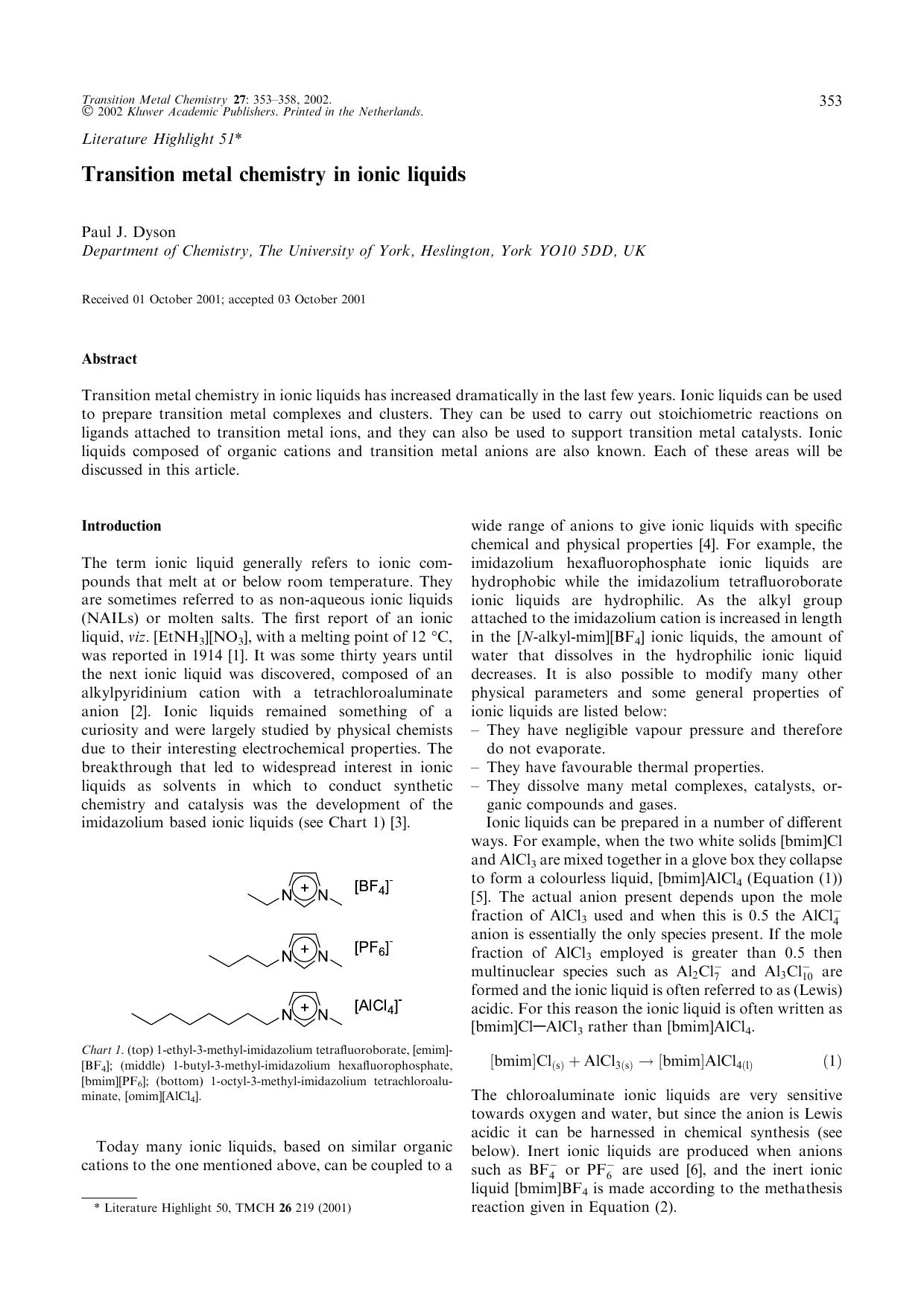 Transition metal chemistry in ionic liquids by Unknown
