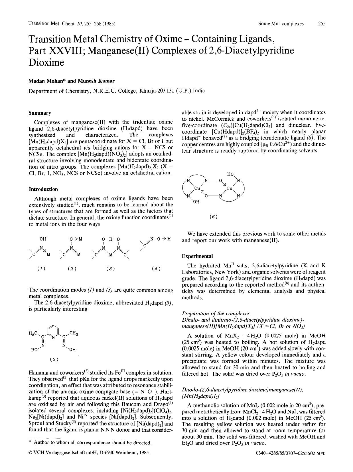 Transition metal chemistry of oxime &#x2014; Containing ligands, Part XXVIII; manganese(II) complexes of 2,6-diacetylpyridine dioxime by Unknown