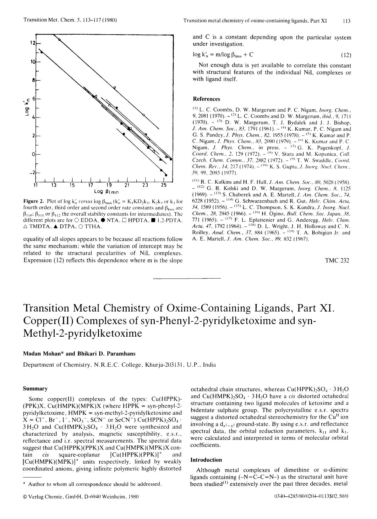 Transition metal chemistry of oxime-containing ligands, part XI. Copper(II) complexes of syn-phenyl-2-pyridylketoxime and syn-methyl-2-pyridylketoxime by Unknown