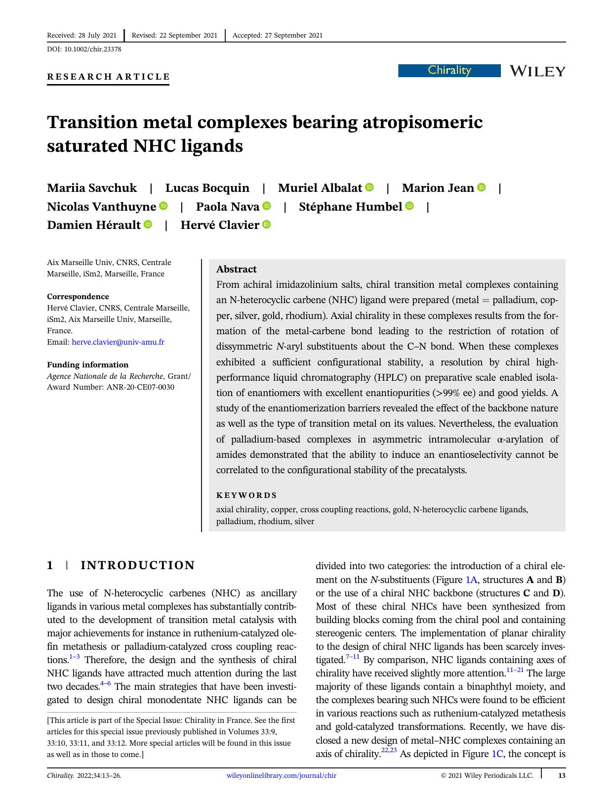 Transition metal complexes bearing atropisomeric saturated NHC ligands by unknow
