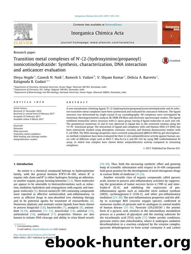 Transition metal complexes of NÃ¢â¬Â²-(2-(hydroxyimino)propanoyl)isonicotinohydrazide: Synthesis, characterization, DNA interaction and anticancer evaluation by unknow