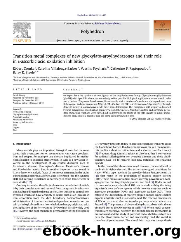Transition metal complexes of new glyoxylato-aroylhydrazones and their role in l-ascorbic acid oxidation inhibition by unknow