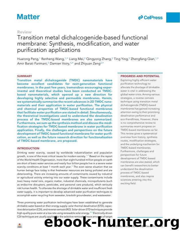 Transition metal dichalcogenide-based functional membrane: Synthesis, modification, and water purification applications by unknow