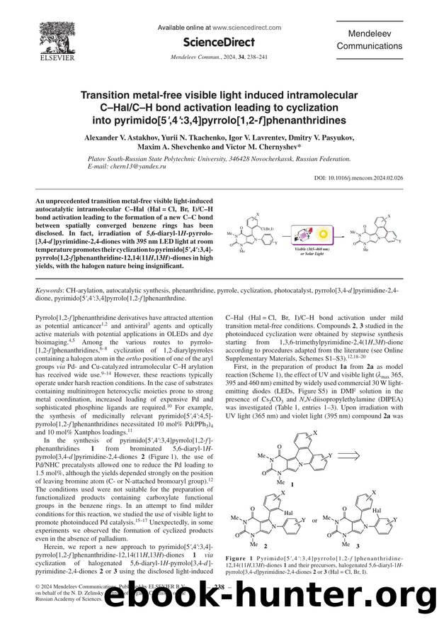 Transition metal-free visible light induced intramolecular CâHalCâH bond activation leading to cyclization into pyrimido[5â²,4â²:3,4]pyrrolo[1,2-f ]phenanthridines by unknow