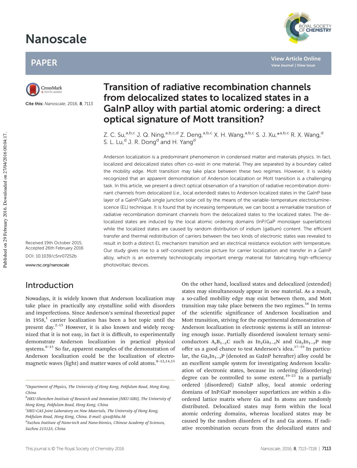 Transition of radiative recombination channels from delocalized states to localized states in a GaInP alloy with partial atomic ordering: a direct optical signature of Mott transition? by Z. C. Su J. Q. Ning Z. Deng X. H. Wang S. J. Xu R. X. Wang S. L. Lu J. R. Dong H. Yang