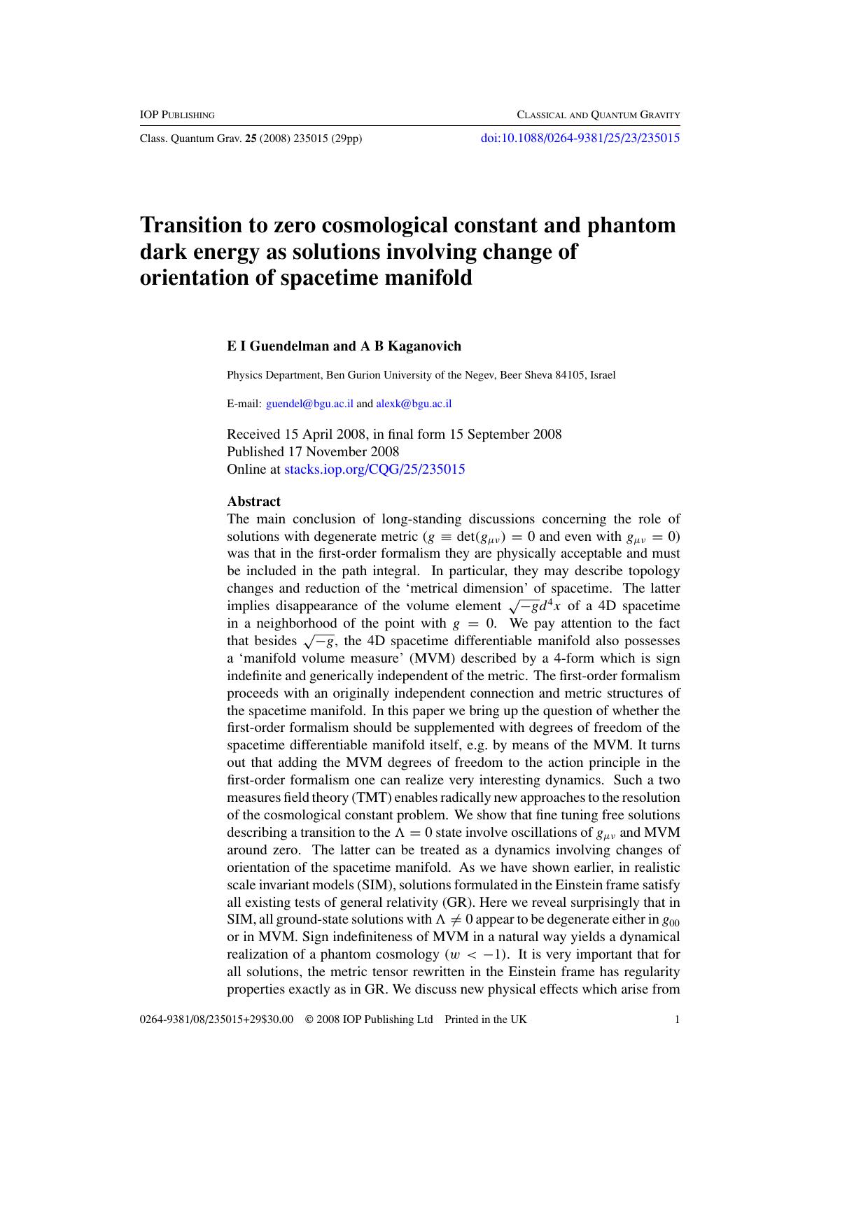 Transition to zero cosmological constant and phantom dark energy as solutions involving change of orientation of spacetime manifold by E I Guendelman and A B Kaganovich