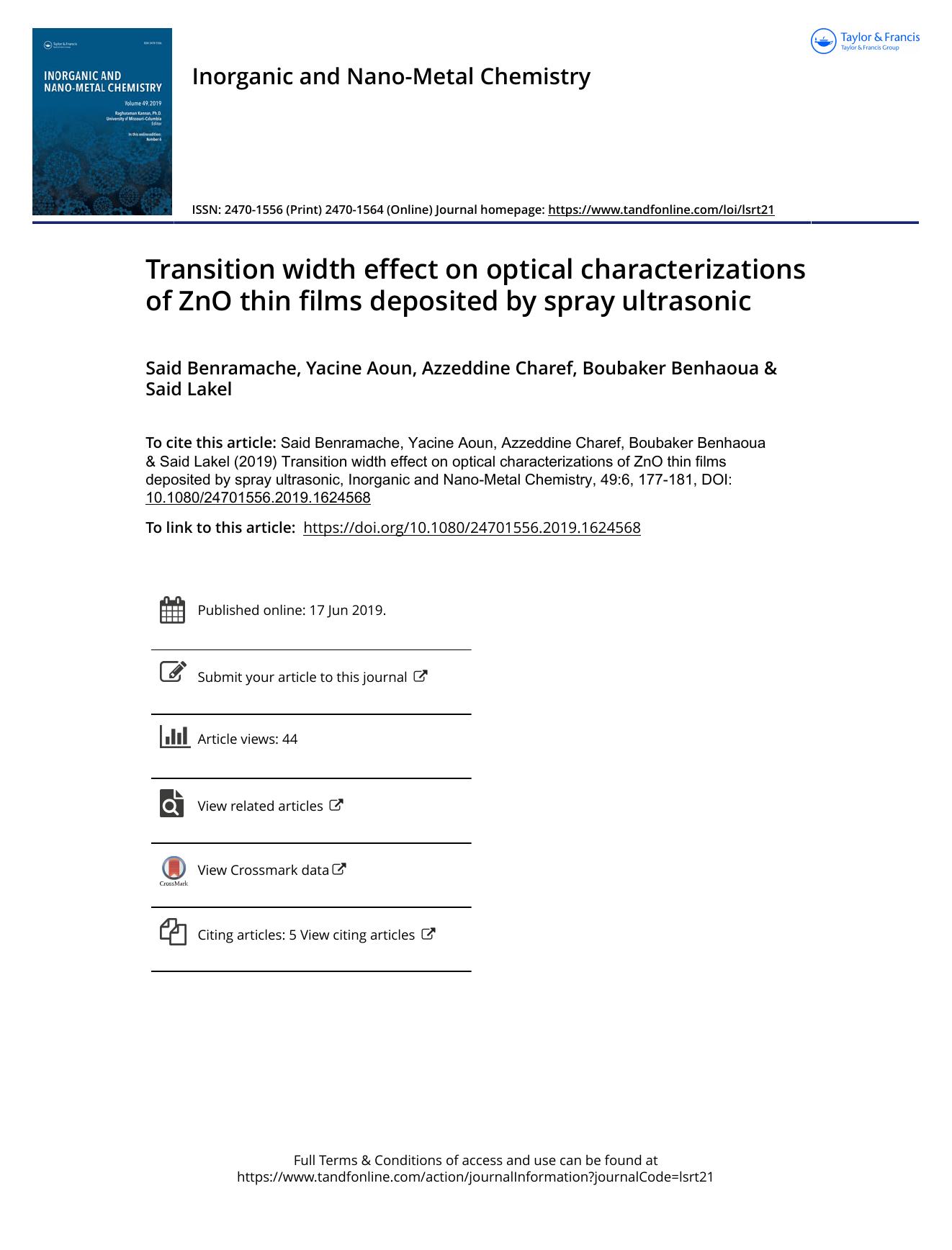 Transition width effect on optical characterizations of ZnO thin films deposited by spray ultrasonic by Benramache Said & Aoun Yacine & Charef Azzeddine & Benhaoua Boubaker & Lakel Said