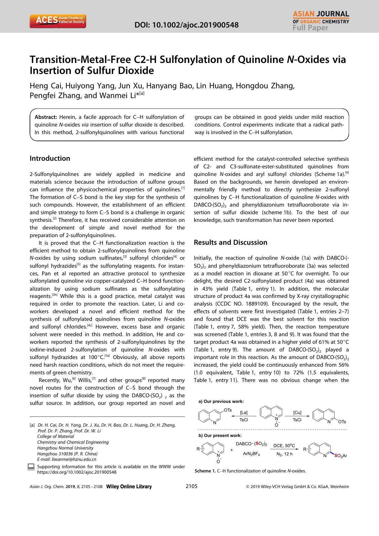 TransitionâMetalâFree C2âH Sulfonylation of Quinoline NâOxides via Insertion of Sulfur Dioxide by Unknown