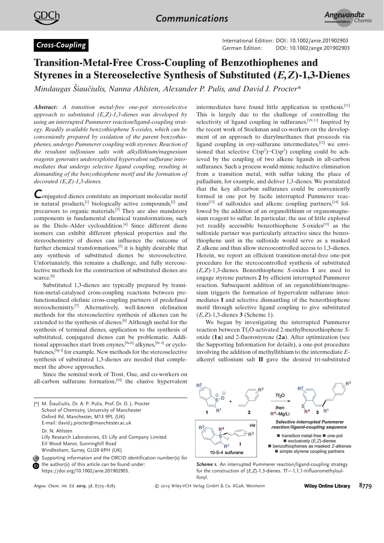 TransitionâMetalâFree CrossâCoupling of Benzothiophenes and Styrenes in a Stereoselective Synthesis of Substituted (E,Z)â1,3âDienes by Unknown