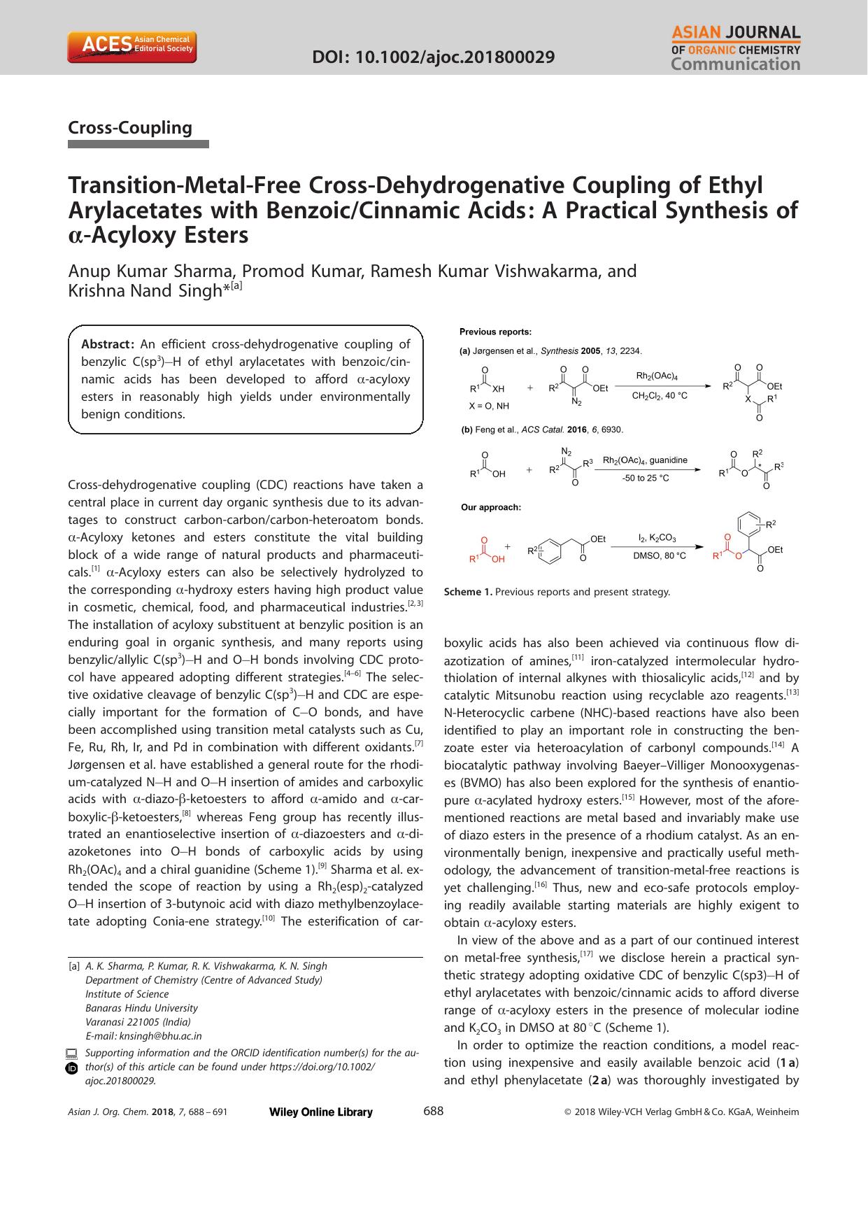 TransitionâMetalâFree CrossâDehydrogenative Coupling of Ethyl Arylacetates with BenzoicCinnamic Acids: A Practical Synthesis of Î±âAcyloxy Esters by Unknown