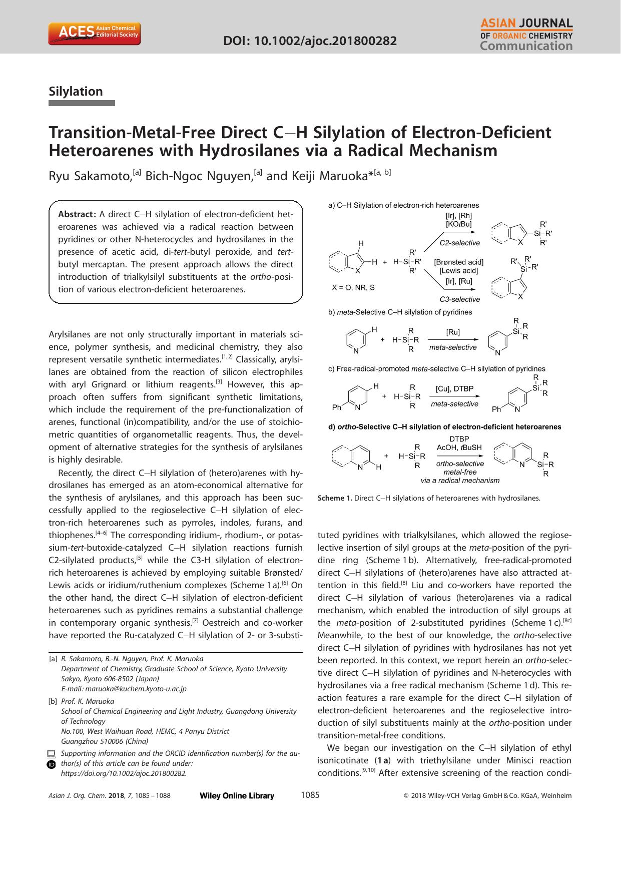 TransitionâMetalâFree Direct CâH Silylation of ElectronâDeficient Heteroarenes with Hydrosilanes via a Radical Mechanism by Unknown